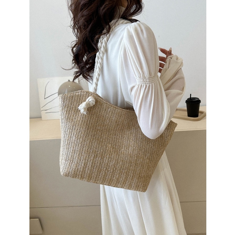 Medium Tote Straw Bag Khaki Beige Lined Rope Handles Beach Summer - Picture 3 of 8